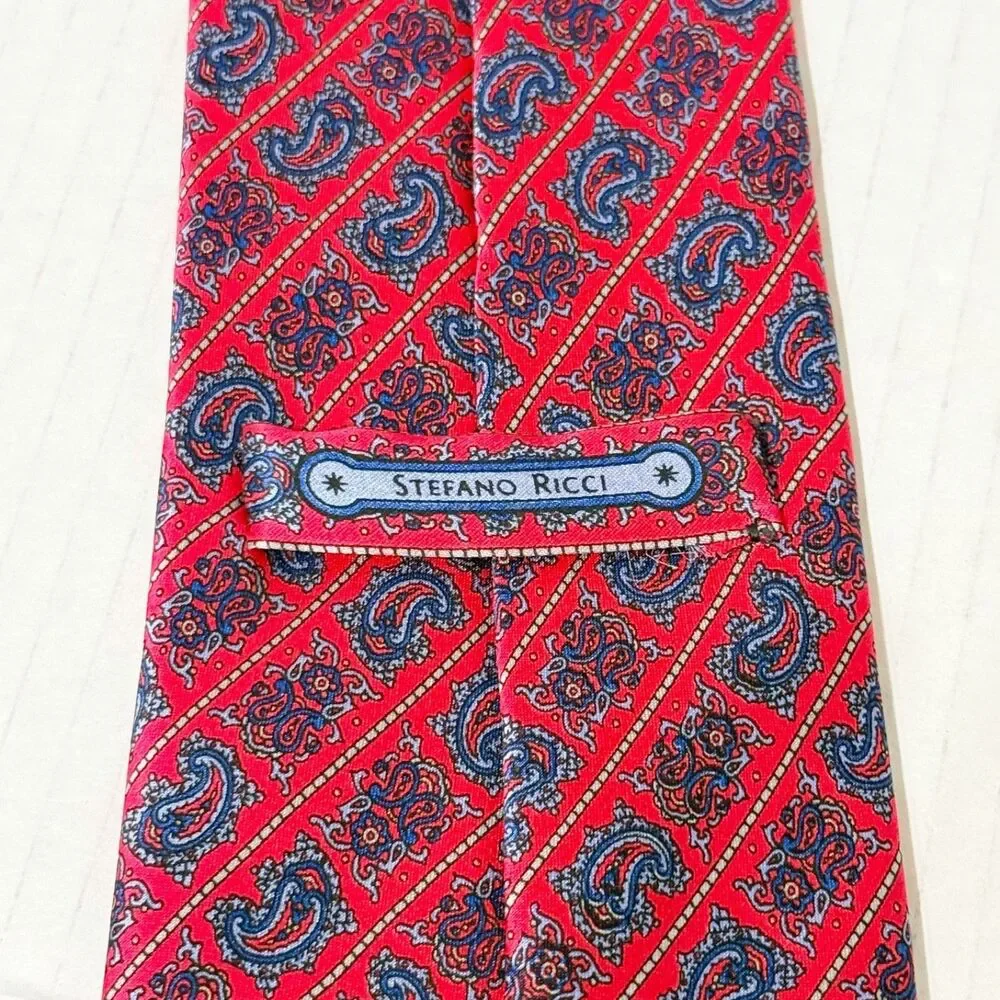 Stefano Ricci for Saks Fifth Avenue Tie Silk Vibrant Red Grid of Small Paisleys